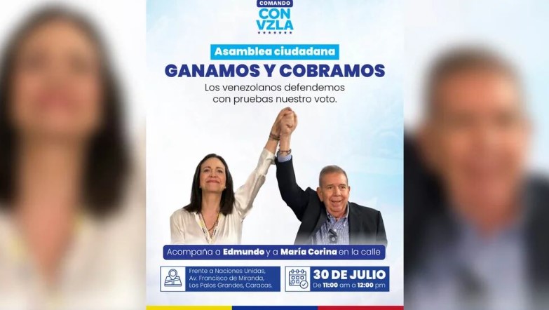 María Corina Machado convocó a una asamblea ciudadana en Caracas para defender los resultados de la elección presidencial