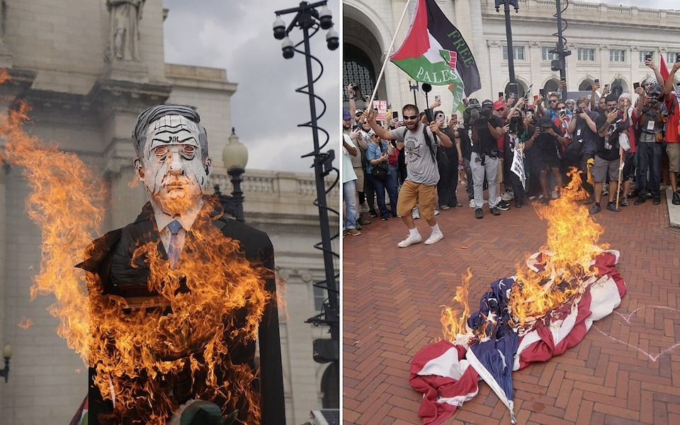 Violencia desatada en Washington: propalestinos también vandalizan estatua fuera de Union Station (VIDEO)