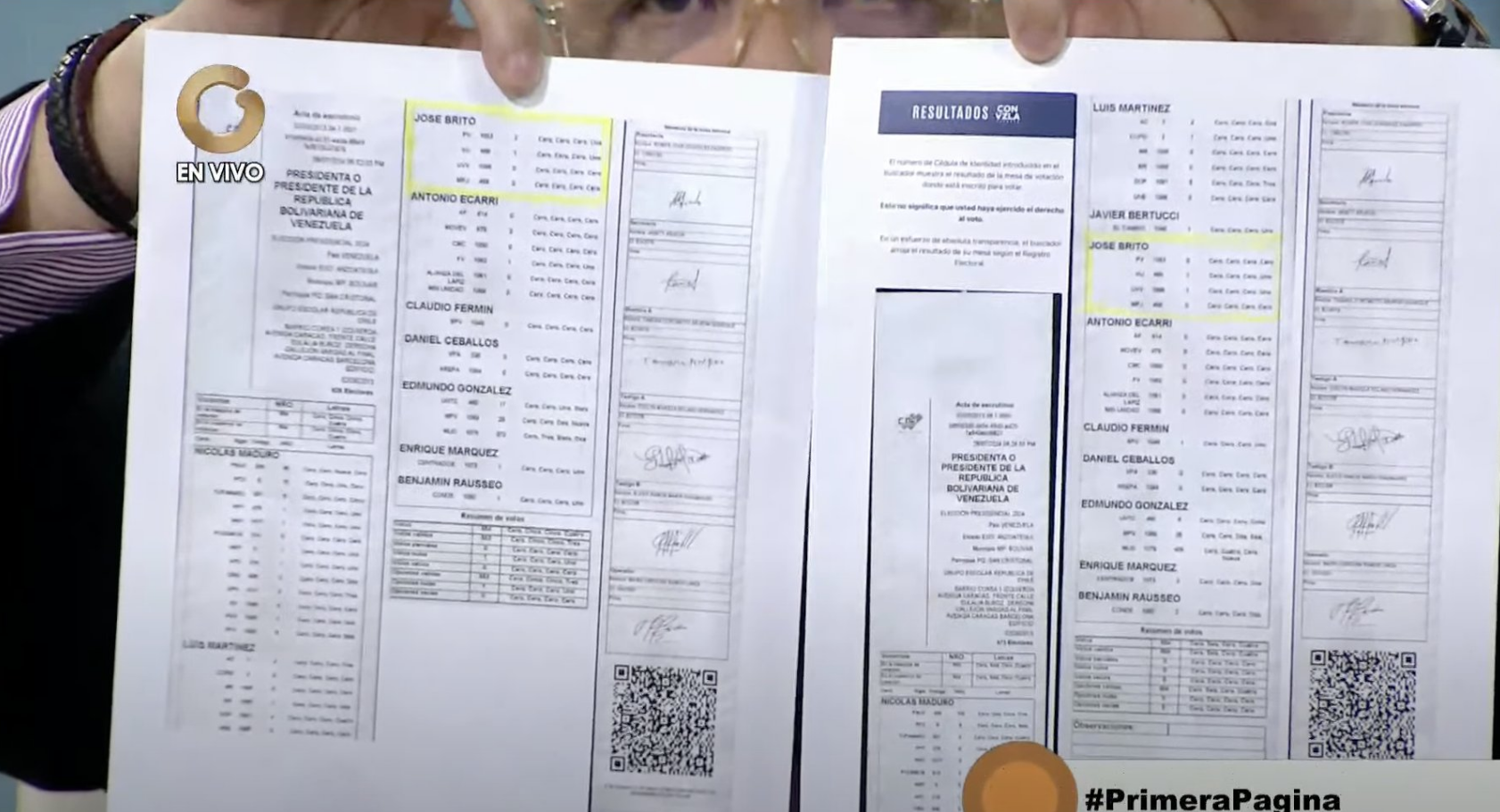 José Brito forja un acta y la muestra en TV, solo para confirmar que ni su familia votó por él