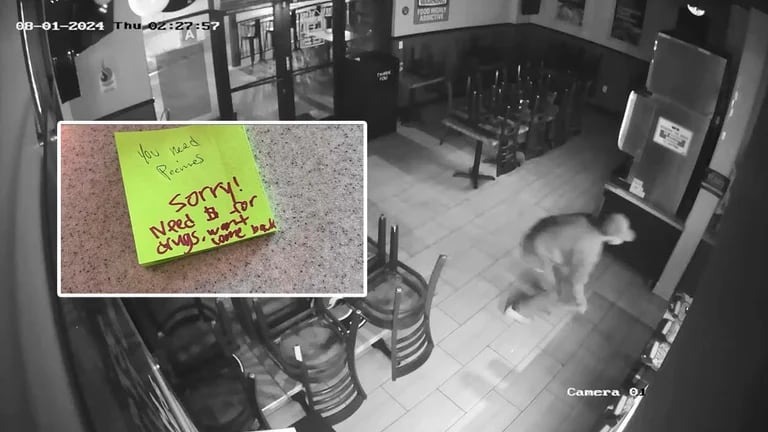 “Disculpen, necesito dinero para drogas”: la nota viral de un ladrón tras robar un restaurante en California