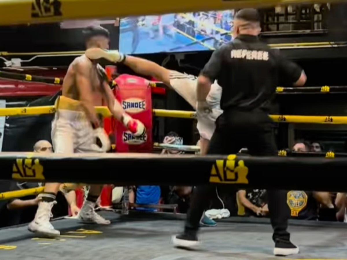 Pelea de boxeo a lo MMA: se vio acorralado en el ring y noqueó a su rival de una patada en la cabeza (VIDEO)