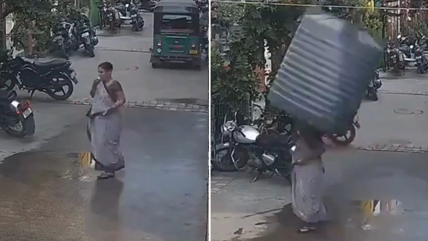 Vivió para contarlo: Mujer caminaba por la calle y un tanque de agua le cayó encima (VIDEO)