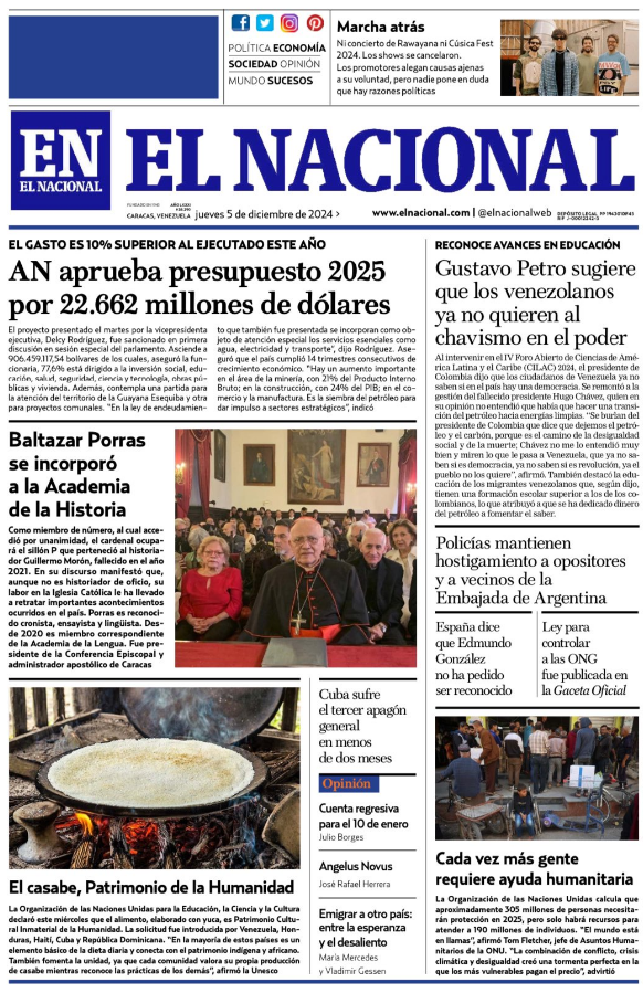 Portadas de este jueves 5 de diciembre de 2024